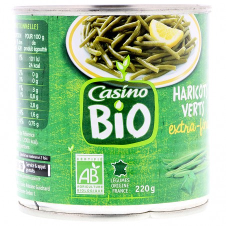 CASINO BIO Haricots verts extra fins  Issus de l’agriculture biologique 220g